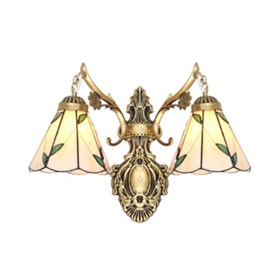 Hallway Hotel Cone Wall Light with Leaf Decoration Glass 2 Lights Elegant Style Sconce Light