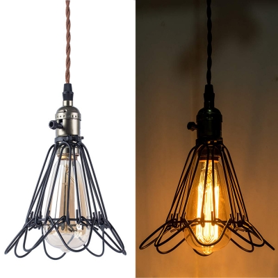 Metal Wire Cage Hanging Light Dining Room 1 Light Vintage Style Plug In Pendant Lamp in Black