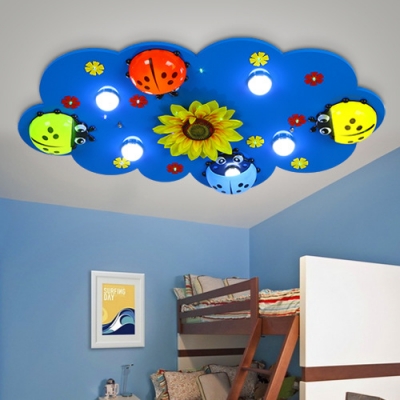 Ladybug Sunflower Pattern Light Fixture Wood Blue LED Flush Mount Light for Girl Boy Room