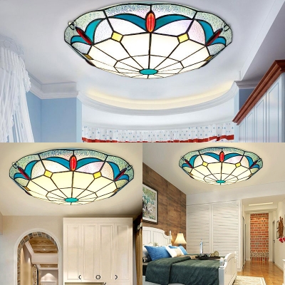 Living Room Circle Flush Mount Light 3 Lights Vintage Style Stained Glass Ceiling Light