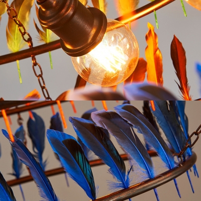Restaurant Cafe 3-Ring Ceiling Lamp with Colorful Feather 6 Lights Rustic Style Chandelier