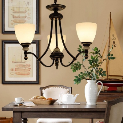 Restaurant Foyer Cone Shade Chandelier Metal Frosted Glass 3/6/8 Lights Traditional Black Pendant Light