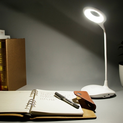 Round Shape White Desk Lighting with USB Charging Port and Touch Sensor 3W Gooseneck LED Desk Lamp for Office