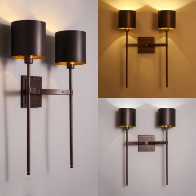 Rust Drum Shade Sconce Light 2 Lights Antique Style Metal Wall Lamp for Living Room Bar