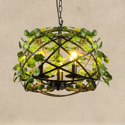 Rustic Chandelier with Cage and Leaf Decoration Kitchen 3 Lights Metal Chandelier Light