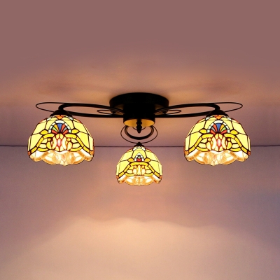 Rustic Dome Semi Flush Ceiling Light Glass 3 Lights Overhead Light for Restaurant Hotel