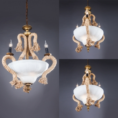 Rustic Style Candle Chandelier with Rope 6 Lights Marble Suspension Light in White for Bar