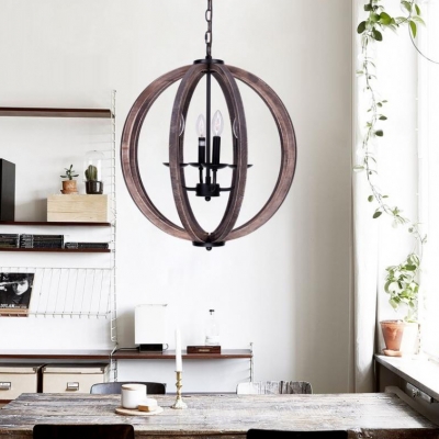 Rustic Style Globe Shade Hanging Light Metal and Wood 4 Lights Black Chandelier for Dining Room Bedroom