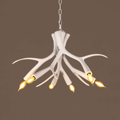 Rustic Style White Chandelier Light with Deer Horn Decoration 6 Lights Resin Hanging Light