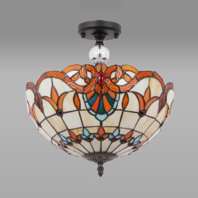 Stained Glass Dome Ceiling Fixture 3/4 Lights Tiffany Style Baroque Semi Ceiling Mount Light for Bedroom