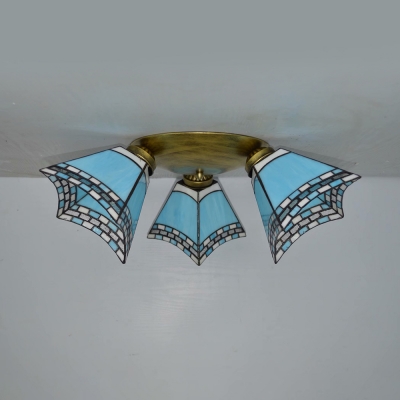 Tiffany Style Conical Ceiling Lamp Stained Glass 3 Lights Flush Mount Light for Balcony