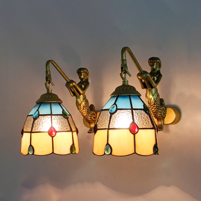 Tiffany Style Dome Wall Light 2 Lights Stained Glass Wall Sconce with Mermaid Decoration for Cafe