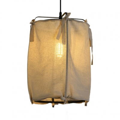 Traditional Style White Pendant Light with Rectangle Shade 1 Light Linen Ceiling Fixture for Bedroom