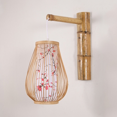 Vintage Style Curved Wall Light Single Light Bamboo Hanging Wall Sconce in Beige for Bedroom Foyer
