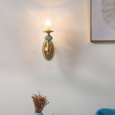 1/2 Lights Petal Shade Wall Lamp Antique Style Clear Glass Sconce Lamp in Brass for Hotel Cafe