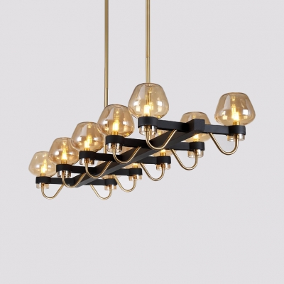 10 Lights Linear Chandelier Vintage Style Metal and Clear/Amber/Smoke Gray Glass Pendant Light in Black for Dining Room