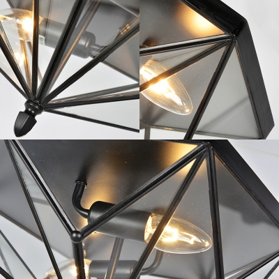 2 Lights Geometric Flush Light with Clear Glass Panel Industrial Ceiling Lighting Fixture in Black
