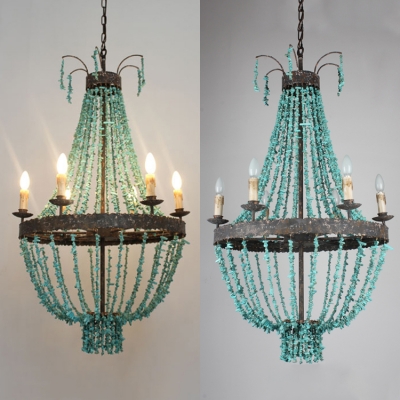 6 Lights Candle Chandelier with Turquoise Decoration Vintage Style Metal Hanging Lamp for Stair