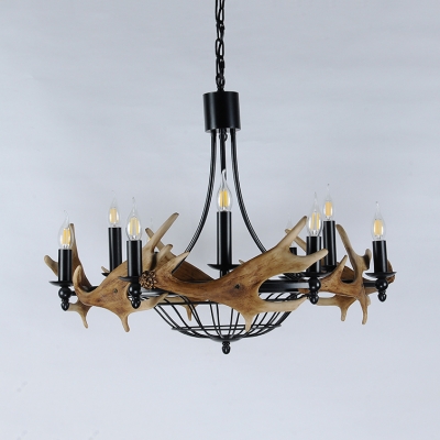 9 Lights Candle Chandelier with Deer Horn Decoration Rustic Style Resin and Metal Hanging Light in Black