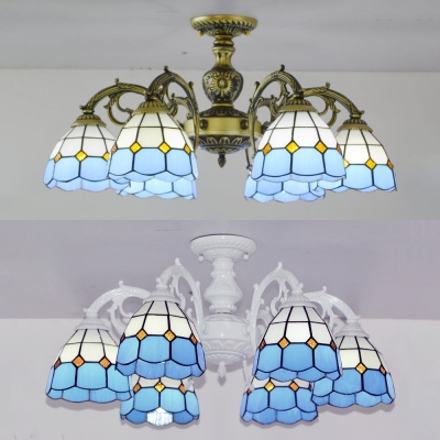 Aged Brass/White Cone Semi Flush Light 6 Lights Antique Style Stained Glass Ceiling Lamp for Hotel