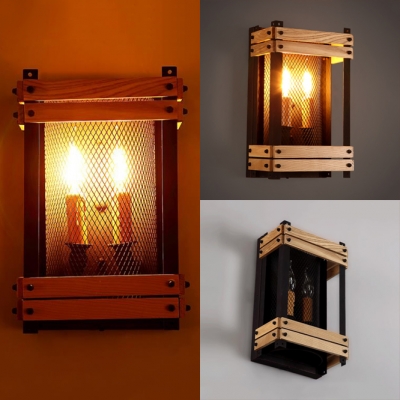 Antique Style Candle Sconce Light with Rectangle Metal Mesh Shade 2 Lights Wood Wall Light for Bar