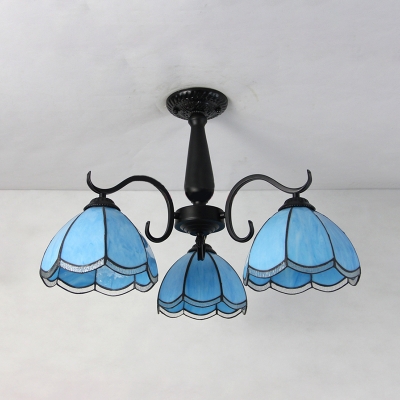 Antique Style Ceiling Mount Light 3 Lights Yellow/Clear/Blue Glass Semi Flush Ceiling Lamp for Living Room