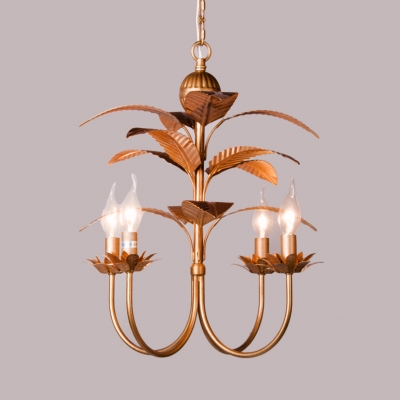 Candle Shape Chandelier Light with Leaf Decoration Metal 4 Lights Antique Style Hanging Light in Gold