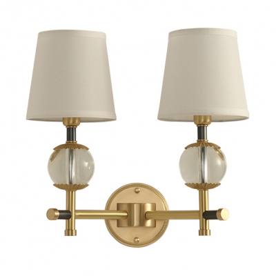 Classic White Tapered Shade Wall Light 1/2 Lights Fabric Metal Sconce Light in Brass for Study Room