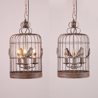 Coffee Shop Birdcage Chandelier with Bird Decoration Metal 3 Lights Industrial Suspension Light