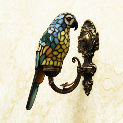 Creative Tiffany Parrot Wall Light 1 Light Stained Glass Sconce Light in Red/Blue for Hallway