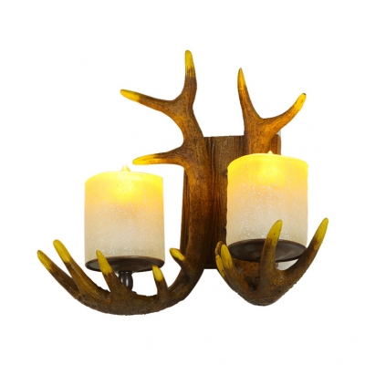 Deer Horn Dining Room Wall Sconce Frosted Glass 2 Lights Antique Style Wall Light