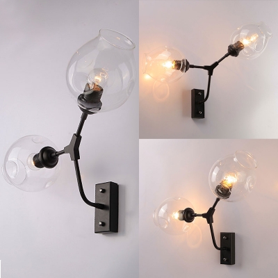 Dining Room Hallway Wall Lamp Clear Open Glass and Metal 2 Lights Industrial Black Wall Light