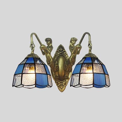 Dome Living Room Sconce Light Blue/Clear Glass 2 Lights Vintage Style Wall Light