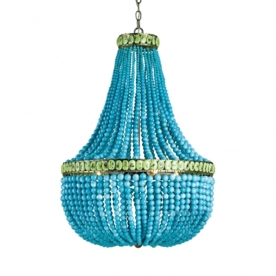 European Style Hanging Light with Beads 5 Lights Wood and Metal Chandelier Light for Foyer