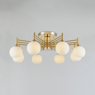 Frosted Glass Globe Ceiling Lamp Hotel 8 Lights Contemporary Semi Flush Ceiling Light in Black/Gold