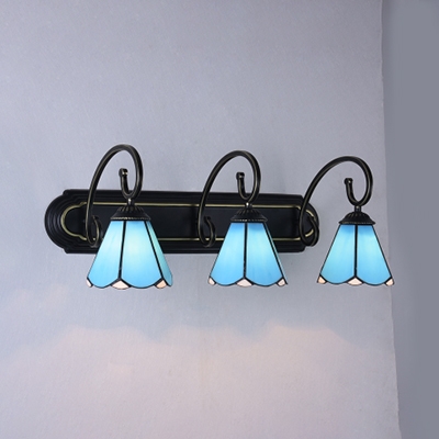 Glass Conical Wall Light Bedroom Foyer 3 Lights Tiffany Style Wall Lamp in White/Blue