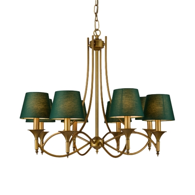 Green Tapered Shade Chandelier Dining Room Fabric Metal 3/6/8 Lights Rustic Hanging Light