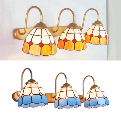 Living Room Dome Wall Light Stained Glass 3 Lights Mediterranean Style Blue/Yellow Sconce Light