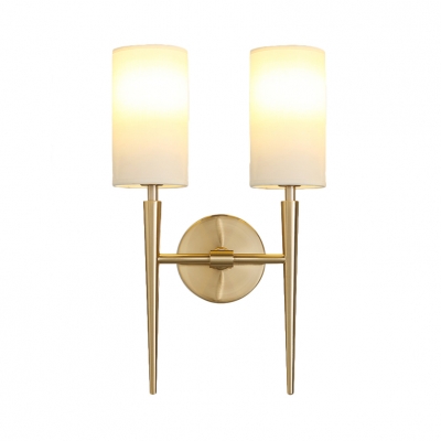 Metal Frosted Glass Cylinder Wall Light Dining Room Bedroom 2 Lights Modern Sconce Light in Brass