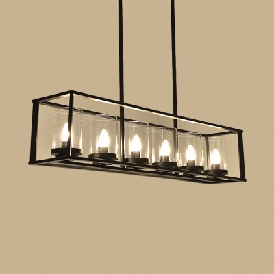 Metal Glass Candle Island Chandelier with Rectangle Shade Antique Style Ceiling Light in Black for Dining Room