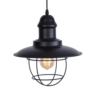 Metal Saucer Pendant Light with Iron Wire Single Light Vintage Style Hanging Pendant in Black for Kitchen
