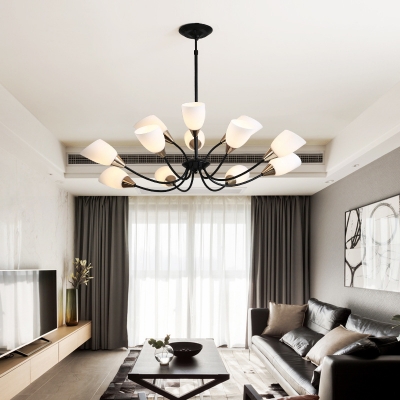 Modern Style Black Chandelier with Dome Shade 12 Lights Frosted Glass Hanging Light for Living Room