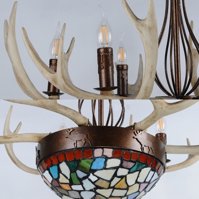 Multi Color Domed Shape Chandelier 9 Lights Tiffany Style Resin Hanging Light with Antlers