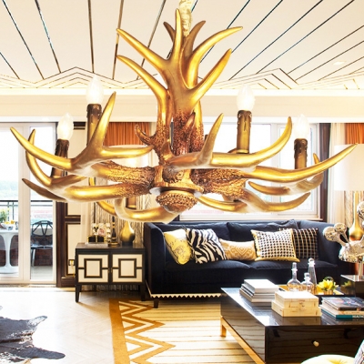 Resin Deer Horn Chandelier Dining Room Living Room 6 Lights Vintage Style Pendant Light in Gold