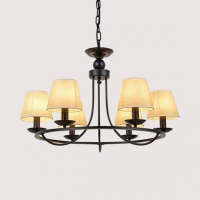 Restaurant Hotel Tapered Shade Chandelier Metal Fabric 4/6 Lights Rustic Style Black Suspension Light