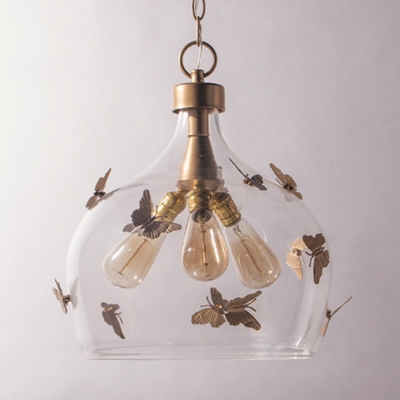 Rustic Style Hanging Light with Butterfly Decoration 1/3 Lights Metal and Open Clear Glass Ceiling Light in Gold
