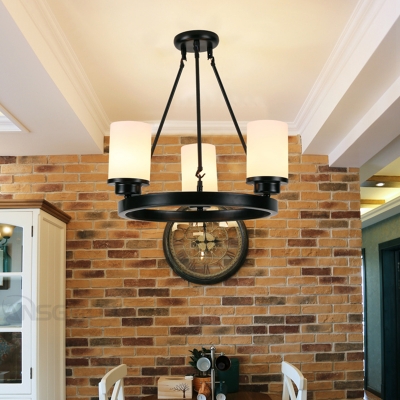 Simple Style Cylinder Chandelier Frosted Glass 3/6/8 Lights Black Pendant Light for Dining Room