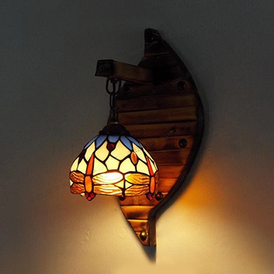 Tiffany Style Dragonfly Wall Sconce 1 Light Stained Glass and Wood Sconce Light for Cafe