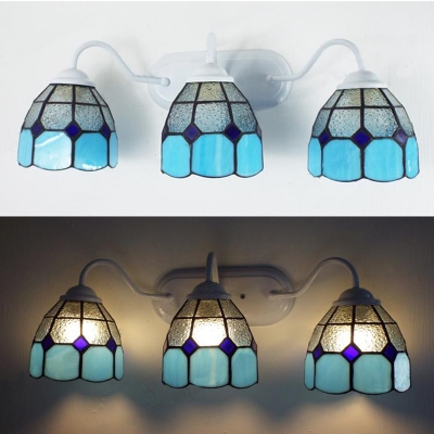 Tiffany Style Wall Light Dome 3 Lights Glass Sconce Light in Blue and White for Bathroom