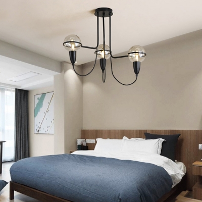 Traditional Globe Hanging Light 3 Lights Clear Glass Chandelier in Black for Bedroom Cafe